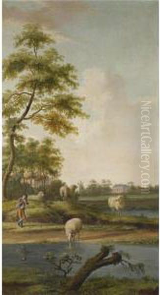 A Fluvial Landscape With Cows Grazing, A Farm Beyond Oil Painting by Hendrick Willelm Schweickhardt