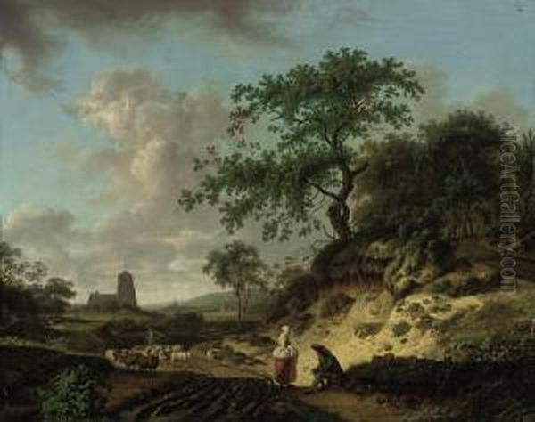 A Wooded Landscape With Peasants
 Conversing By A Track And A Droverwith His Herd, A Church Beyond Oil Painting by Hendrick Willelm Schweickhardt