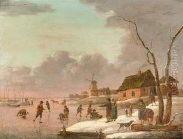 A Winter Landscape With Skaters 
On A Frozen River And Townsfolk Onthe Banks, A Windmill Beyond Oil Painting by Hendrick Willelm Schweickhardt