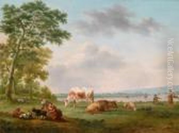 Ein Paar Landschaften Mit Hirten Mit Ihrem Vieh An Einem Flus Oil Painting by Hendrick Willelm Schweickhardt