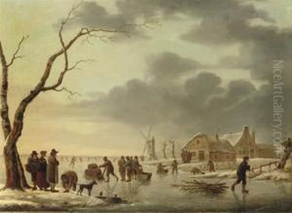 A Winter Landscape With Peasants
 Skating On A Frozen River, A Village And A Windmill Beyond Oil Painting by Hendrick Willelm Schweickhardt