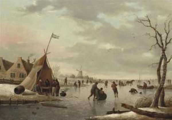 A Winter Landscape With Figures Skating On A Frozen Lake Oil Painting by Hendrick Willelm Schweickhardt