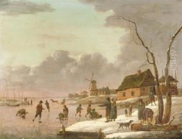 A Winter Landscape With Skaters 
On A Frozen River And Townsfolk On The Banks, A Windmill Beyond Oil Painting by Hendrick Willelm Schweickhardt