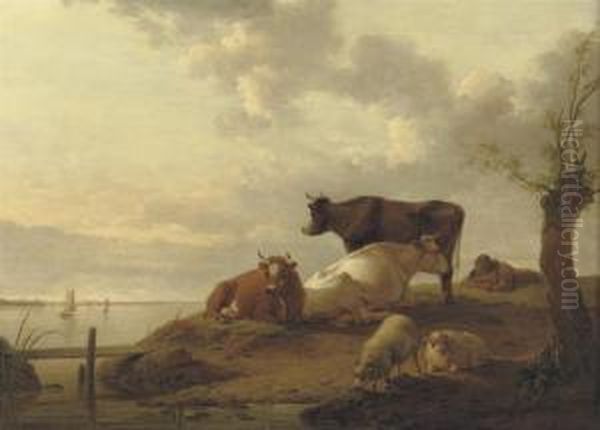 A River Landscape With A Peasant Resting Near His Cows And Sheep Oil Painting by Hendrick Willelm Schweickhardt