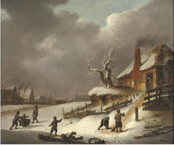 A Winter Landscape With Children Oil Painting by Hendrick Willelm Schweickhardt