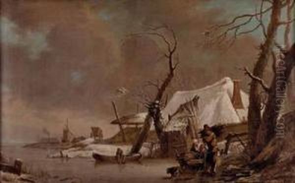 Grose Winterlandschaft Mit Einem Bauernhaus Und Einem Bauernpaar Beim Holzsammeln Oil Painting by Hendrick Willelm Schweickhardt