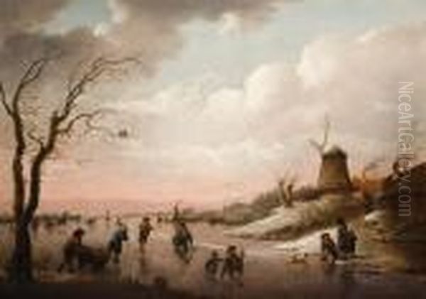 Paysage D'hiver Aux Patineurs Oil Painting by Hendrick Willelm Schweickhardt