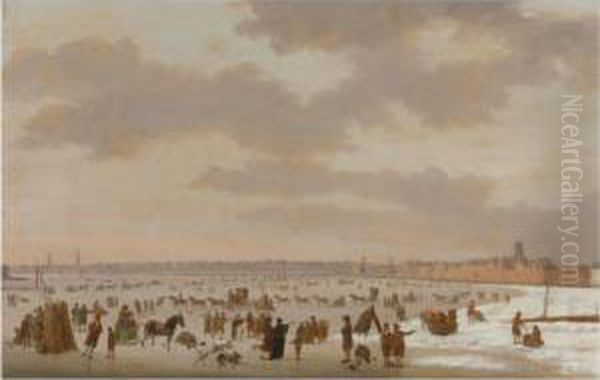 A Winter Landscape In Rotterdam 
With Skaters, Horse Drawn Carriages And Other Figures On The Frozen Maas
 River by Hendrick Willelm Schweickhardt