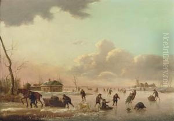 A Winter Landscape With Figures Skating On A Frozen River Oil Painting by Hendrick Willelm Schweickhardt