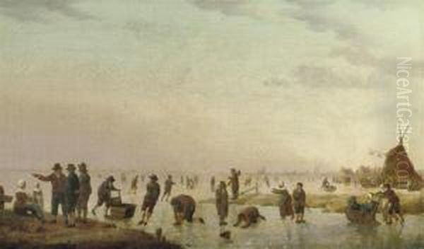 A Winter Landscape With Figures Skating And Sleighing Oil Painting by Hendrick Willelm Schweickhardt