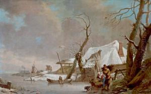 Grose Winterlandschaft Mit Einem Bauernhaus Und Einem Holz Sammelnden Bauernpaar Oil Painting by Hendrick Willelm Schweickhardt