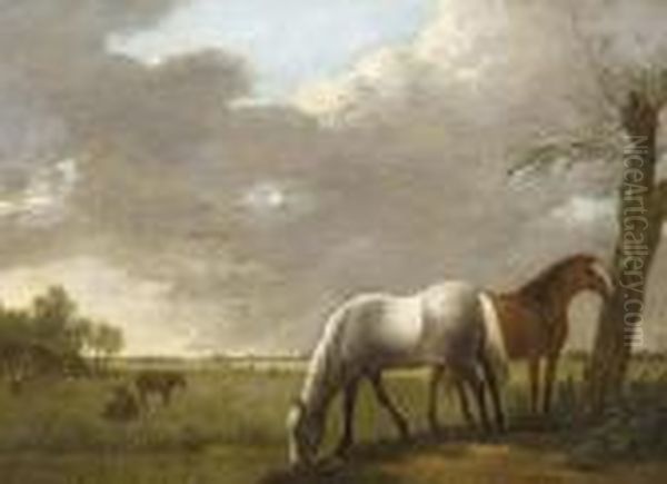 Horses In A Field Oil Painting by Hendrick Willelm Schweickhardt