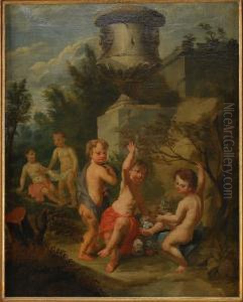 Dansande Putti Oil Painting by Hendrick Willelm Schweickhardt