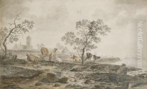 A River Landscape With A 
Herdsman Resting And Cows Grazing Near The Banks, A Church Beyond Oil Painting by Hendrick Willelm Schweickhardt