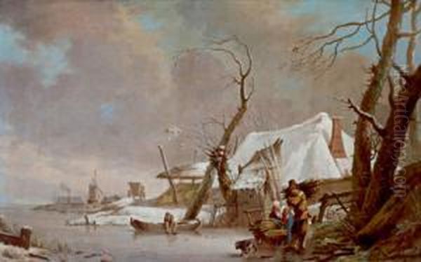 Grande Paesaggio Invernale Con 
Un Casale Ed Una Coppia Di Contadini Che Raccoglie La Legna by Hendrick Willelm Schweickhardt