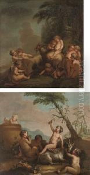 The Infant Bacchus On A Goat, 
With Putti Disporting, In A Landscape; And Putti Disporting With A Goat,
 In A Landscape Oil Painting by Hendrick Willelm Schweickhardt