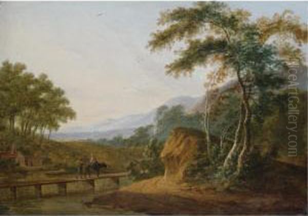 An Italianate Landscape With Two Figures On A Bridge In The Foreground Oil Painting by Hendrick Willelm Schweickhardt