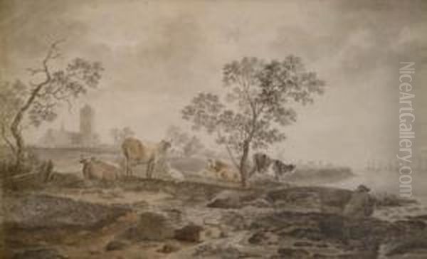 German Watercolour Cattle In A Landscape #name? Cuyp Signed 12.5 X 20.5in Oil Painting by Hendrick Willelm Schweickhardt