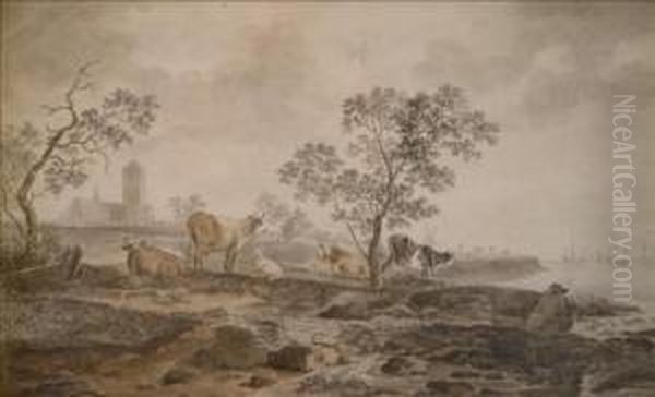 Cattle In A Landscape -after Cuyp Oil Painting by Hendrick Willelm Schweickhardt