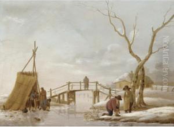 A Winter Landscape With Figures Putting Their Skates On Oil Painting by Hendrick Willelm Schweickhardt