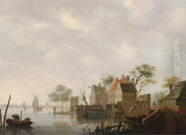 A Village Along A River With Fishermen Fishing In Front, Three Sailing Vessels Beyond Oil Painting by Hendrick Willelm Schweickhardt