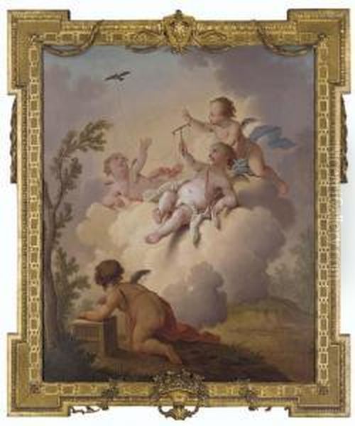 Putti Playing With A Teathered Bird Oil Painting by Hendrick Willelm Schweickhardt