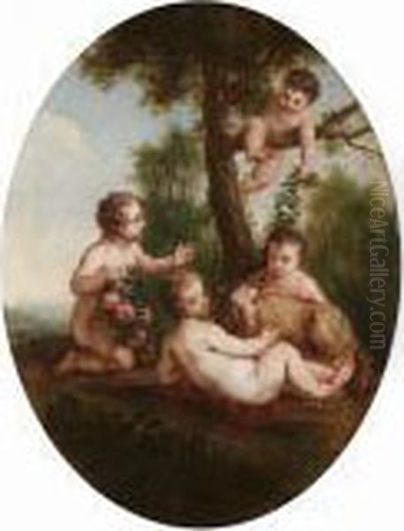 Putti Desporting In A Landscape Oil Painting by Hendrick Willelm Schweickhardt