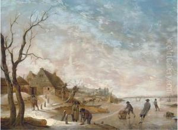 A Winter Landscape With Figures Skating On A Frozen Lake Oil Painting by Hendrick Willelm Schweickhardt