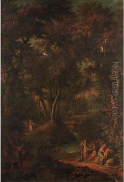 Wooded Landscape With Figures 
Resting Beside A River, And Children Fighting In The Foreground Oil Painting by Hendrick Willelm Schweickhardt