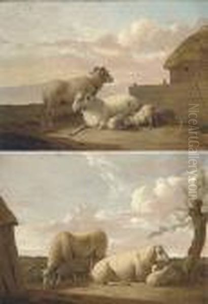 A Family Of Sheep By A Sheepfold; And A Family Of Sheep By Atree Oil Painting by Hendrick Willelm Schweickhardt