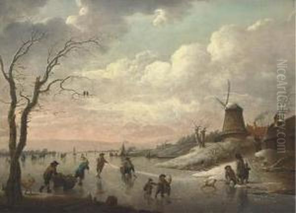 A Winter Landscape With Peasants Skating On A Frozen River By Avillage With A Windmill Oil Painting by Hendrick Willelm Schweickhardt