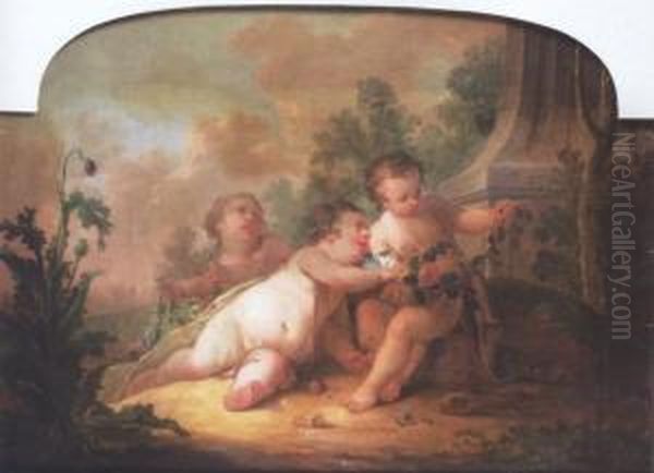 Three Putti Holding Garlands Of Flowers Beside A Classical Column Oil Painting by Hendrick Willelm Schweickhardt