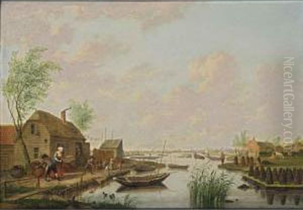 A Canal Landscape With A Peasant
 Family Outside Their Cottage And Piles Of Peat Along The River Bank, 
With Peat-grounds Beyond Oil Painting by Hendrick Willelm Schweickhardt