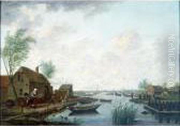 A Canal Landscape With A Peasant
 Family Outside Their Cottage And Piles Of Peat Along The Bank Oil Painting by Hendrick Willelm Schweickhardt