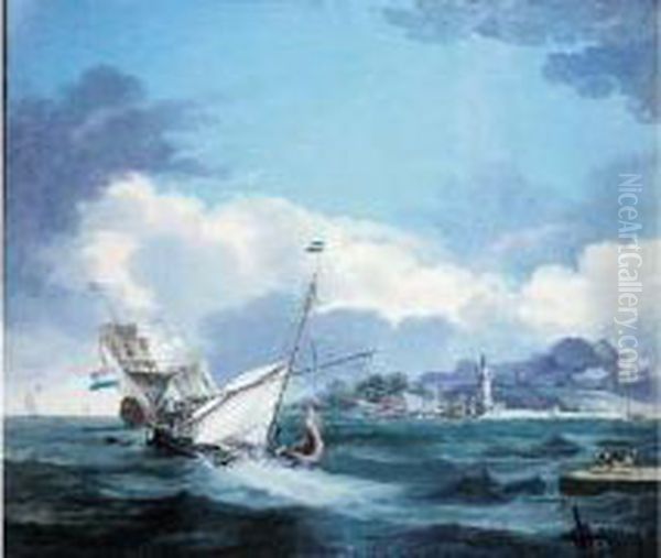 Navires Sous La Tempete Oil Painting by Hendrick Willelm Schweickhardt