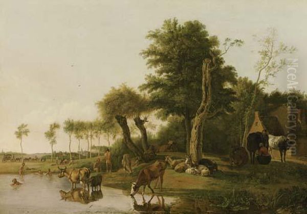 Het Spiegelende Koetje: A Milkmaid Conversing With A Peasant Oil Painting by Hendrick Willelm Schweickhardt