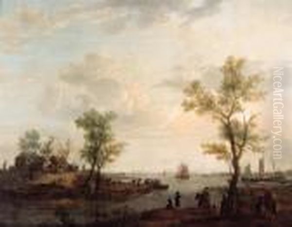 Figures By An Inn In An 
Extensive River Landscape With Travellersand Huntsmen Resting In The 
Foreground; And An Extensive Riverestuary With Figures On A Ferry Before
 A Blacksmiths Oil Painting by Hendrick Willelm Schweickhardt