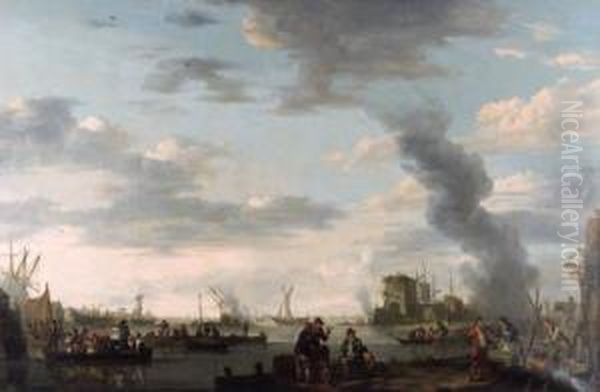 A Boatyard With Stevedores On The Shore With Figures In Aferry Oil Painting by Hendrick Willelm Schweickhardt