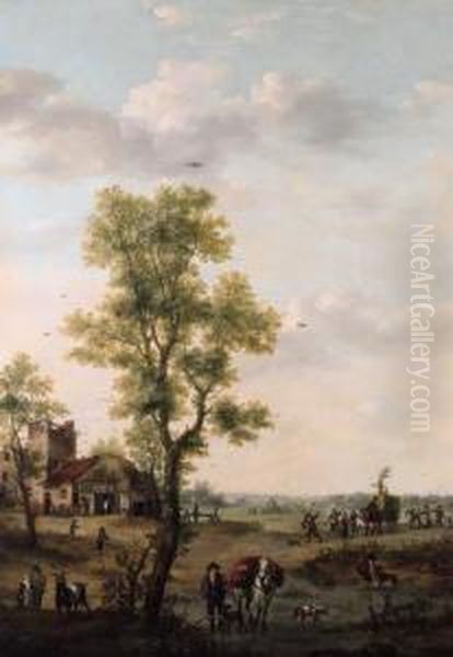 Harvesters Returning To A 
Village In An Extensive Landscape; Andfishermen Unloading Their Catch In
 An Extensive Landscape Oil Painting by Hendrick Willelm Schweickhardt