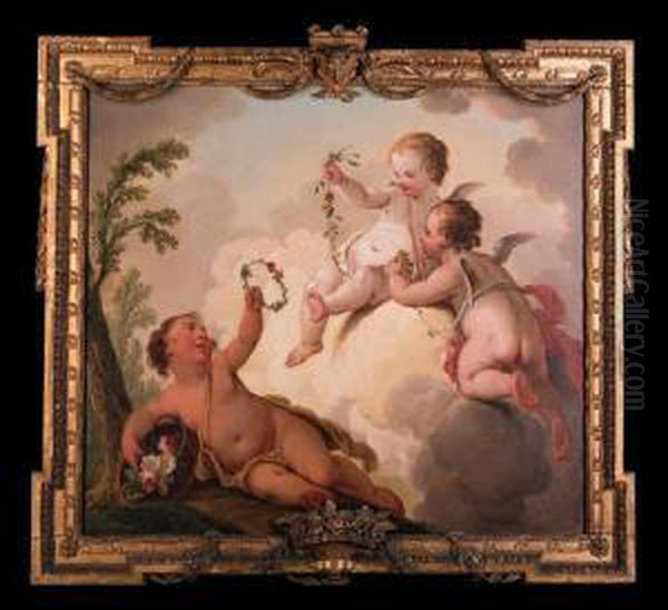 Putti Disporting With Garlands Of Flowers Oil Painting by Hendrick Willelm Schweickhardt