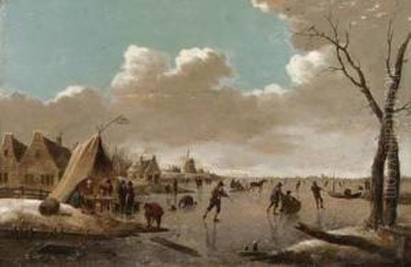 A Frozen River Landscape With Skaters And People Driving By Abooth, A Windmill Beyond Oil Painting by Hendrick Willelm Schweickhardt