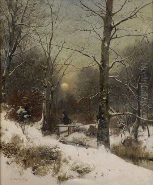 Winterlandschaft Mit Reisigsammlerin. Oil Painting by Adolf Gustav Schweitzer