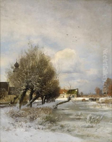 Winterliche Fluslandschaft. by Adolf Gustav Schweitzer