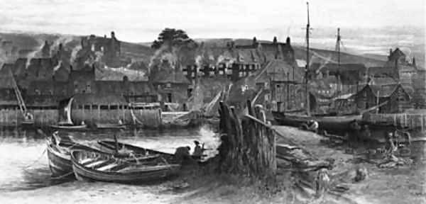 Figures Mending The Nets At Whitby Harbour Oil Painting by Charles Earle