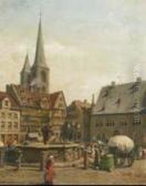 Market At Halberstadt Oil Painting by Albert Schwendy