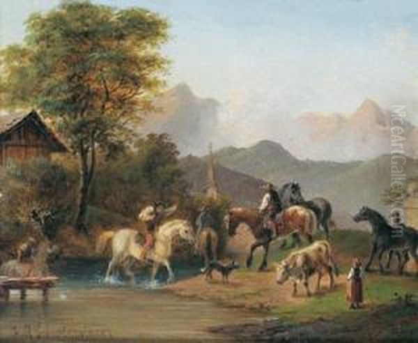 Pferde Am Bachufer Oil Painting by Carl I Schweninger