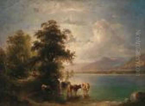 Herdsman With Cows On The Lake Shore Oil Painting by Carl I Schweninger