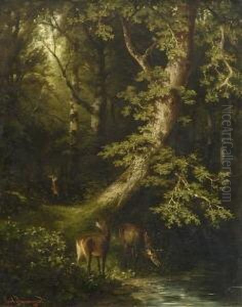 Rotwild Am Waldteich. Oil Painting by Carl I Schweninger