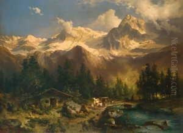 Hochgebirgslandschaft. Signiert 
Unten Links: Carl Schweninger. Ol Auf Leinwand. H 93; B 127 Cm. Oil Painting by Carl I Schweninger