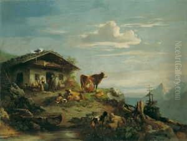 Auf Der Alm. Signiert Unten Links: Carl Schweninger. Ol Auf Leinwand. H 93; B 126 Cm. Oil Painting by Carl I Schweninger